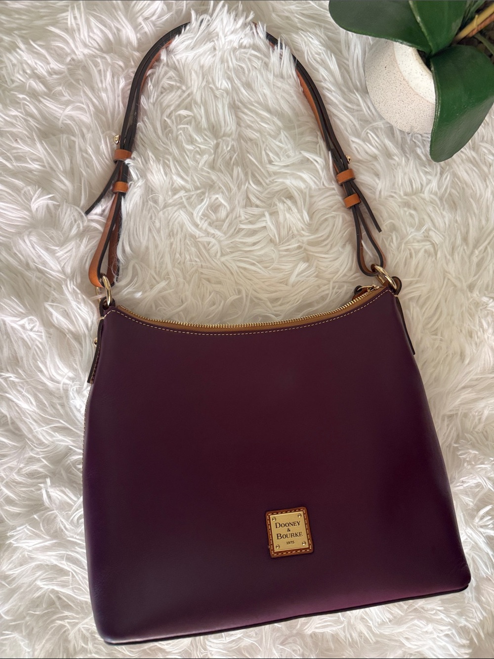 Dooney & Bourke Plum Leather Shoulder Bag with Brown Trim